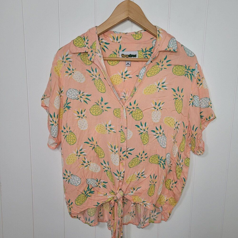 Tipsy Elves Womens Top Size Large Pineapple Print Tie Front Blouse